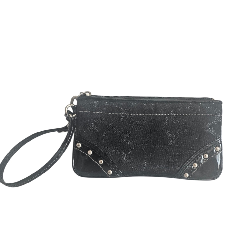 Coach Signature Black Wristlet Clutch Monogram C Fabric,With Silver Studs